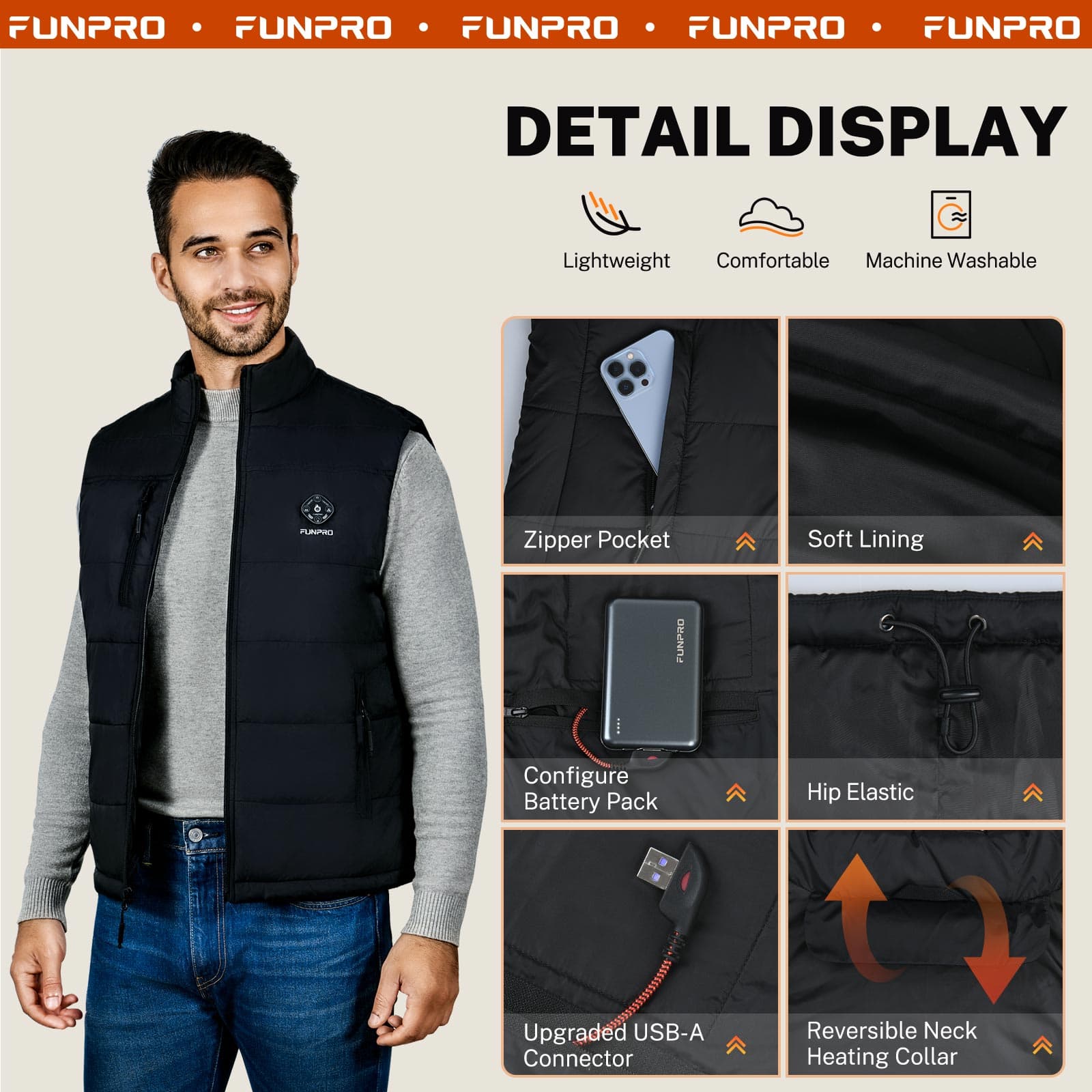 FUNPRO Men's Nylon Heated Vest(Without battery)