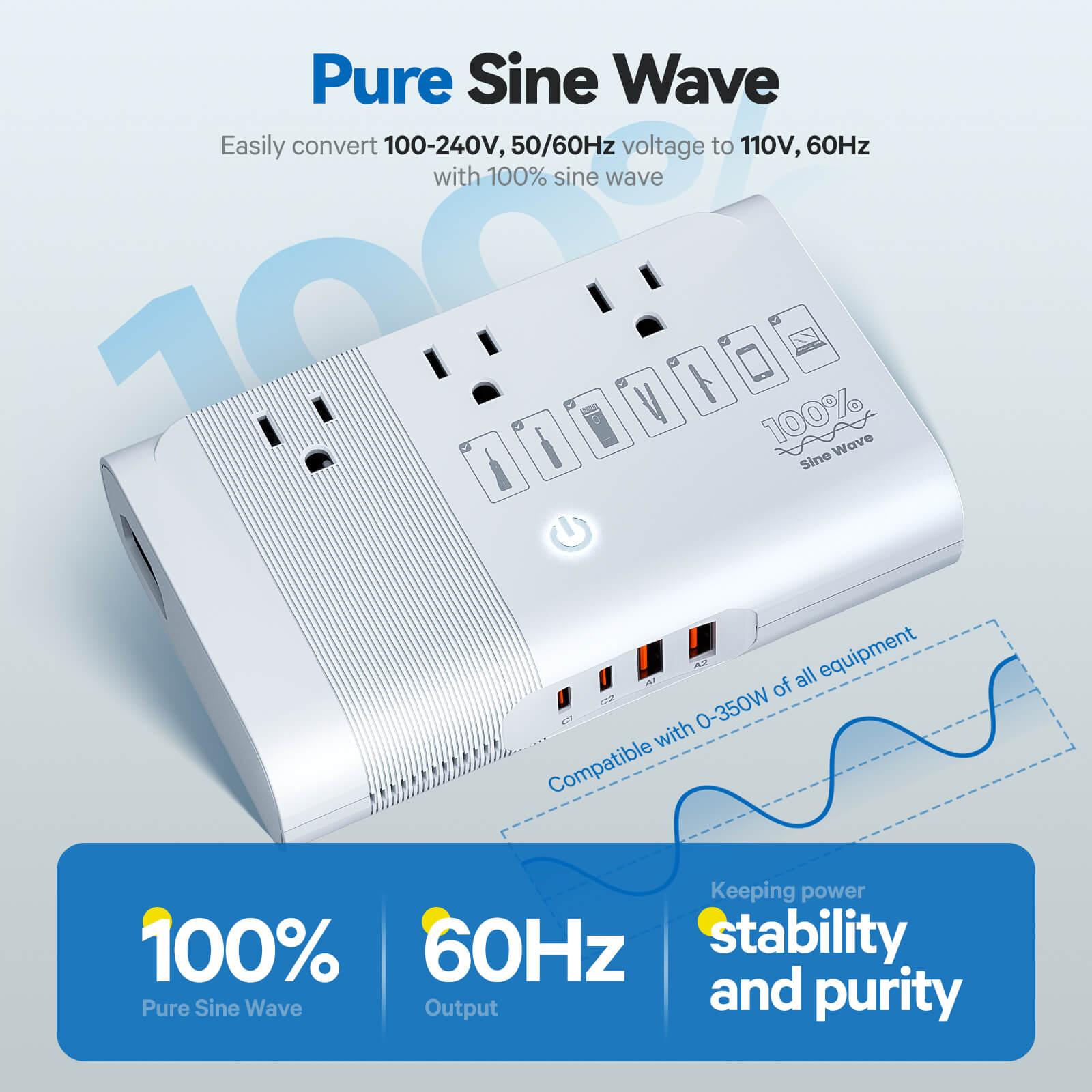 Funpro pure sine wave power converter 350 W step-down 100-220 V to 110 V voltage converter