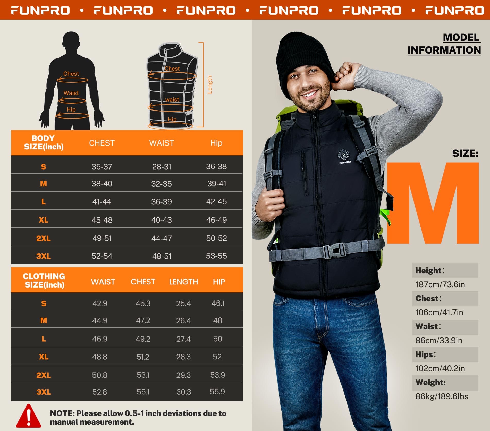 FUNPRO Men's Nylon Heated Vest(With battery) - Black