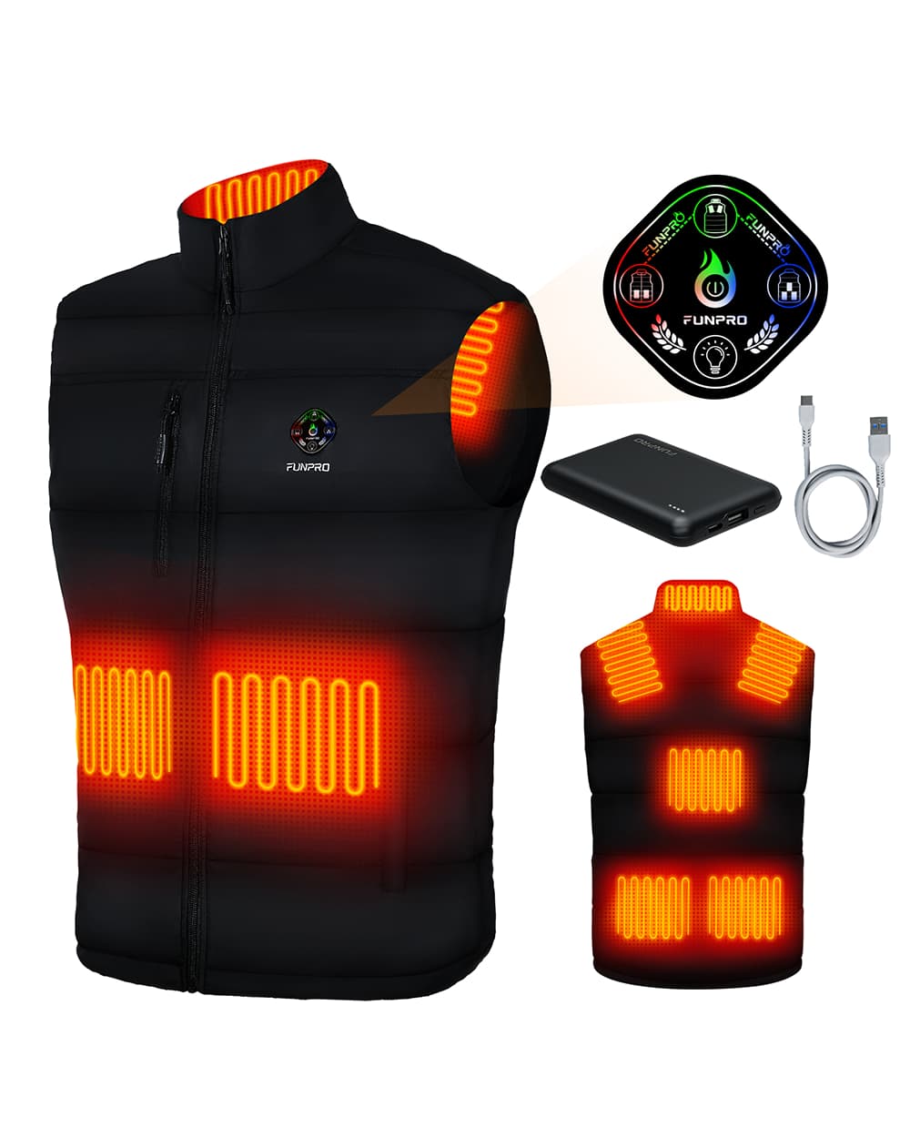 FUNPRO Men's Nylon Heated Vest(With Battery) - Black